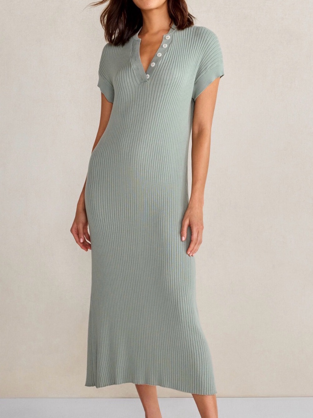 Anthropologie Varley Aria Short Sleeve Ribbed Knit Midi Dress in Sage Green
